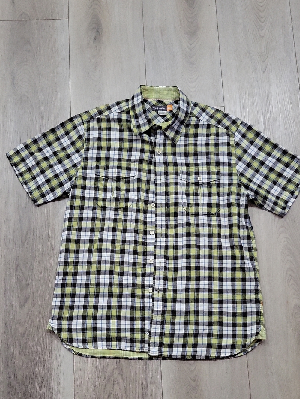Quiksilver Men's Short-Sleeve Plaid Button-Down Shirt - Lime, Black, White